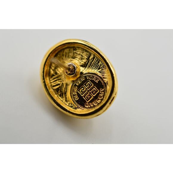 Givenchy Vintage Cabochon Earrings Stud Brushed Gold Black Signed 1980s BinC - Picture 9 of 9